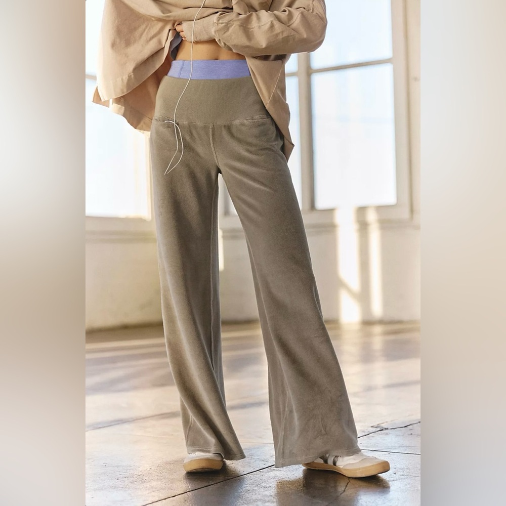 Free People Olive Wide-Leg Velvet Pants with Lavender Waistband